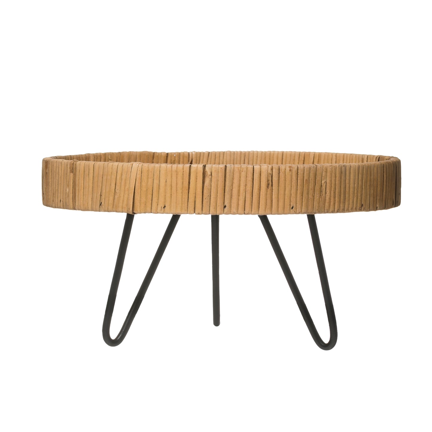 Large Rattan Pedestal Tray with Black Hairpin Legs, 11 3/4"W