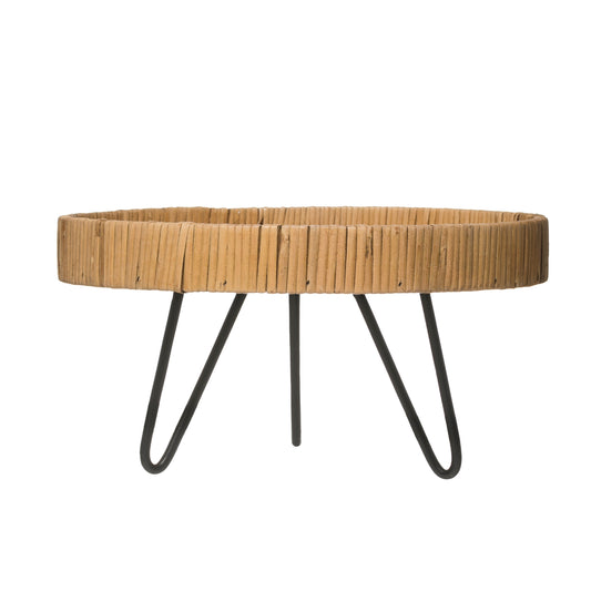 Large Rattan Pedestal Tray with Black Hairpin Legs, 11 3/4"W