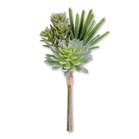 The 14 inch tall faux succulent stems are bundled and wrapped in jute twine, featuring three realistic varieties to create a gorgeous mix of shapes and varying hues of blues, grays, and greens.