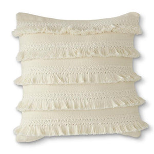 Square fringed cotton pillow cover in a lovely textural cotton weave.     17'W x 17"H