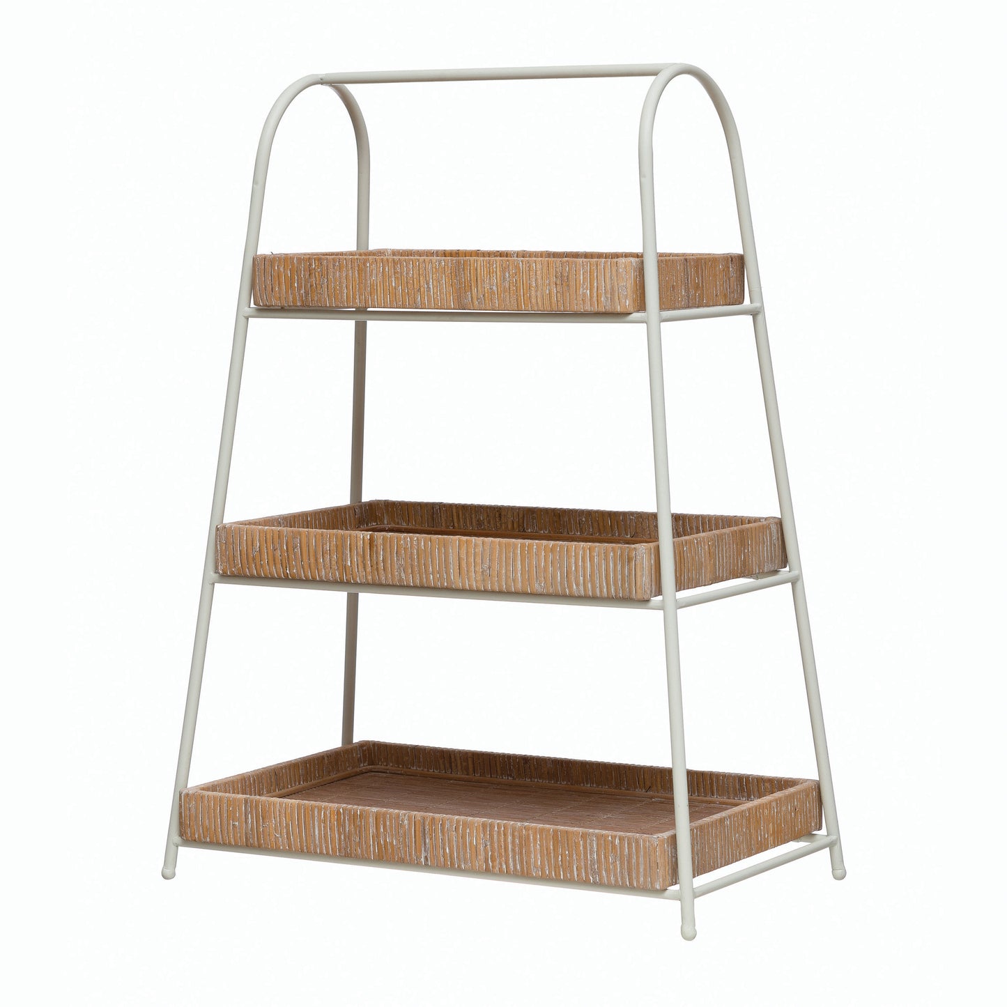 Decorative 3-Tier Tray White Metal Stand w/Wood & Bamboo Trays, 25 in. H