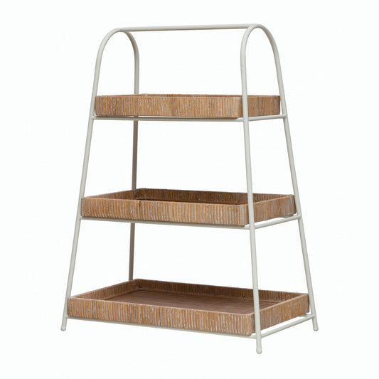 Decorative 3-Tier Tray White Metal Stand w/Wood & Bamboo Trays, 25 in. H