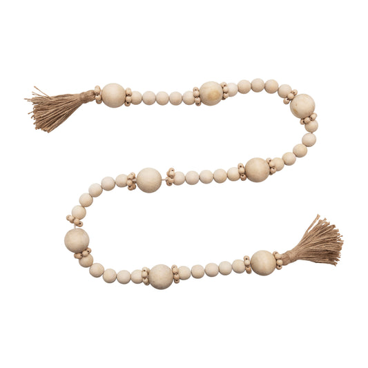 48"L Wood Bead Garland w/ Jute Tassels, Natural