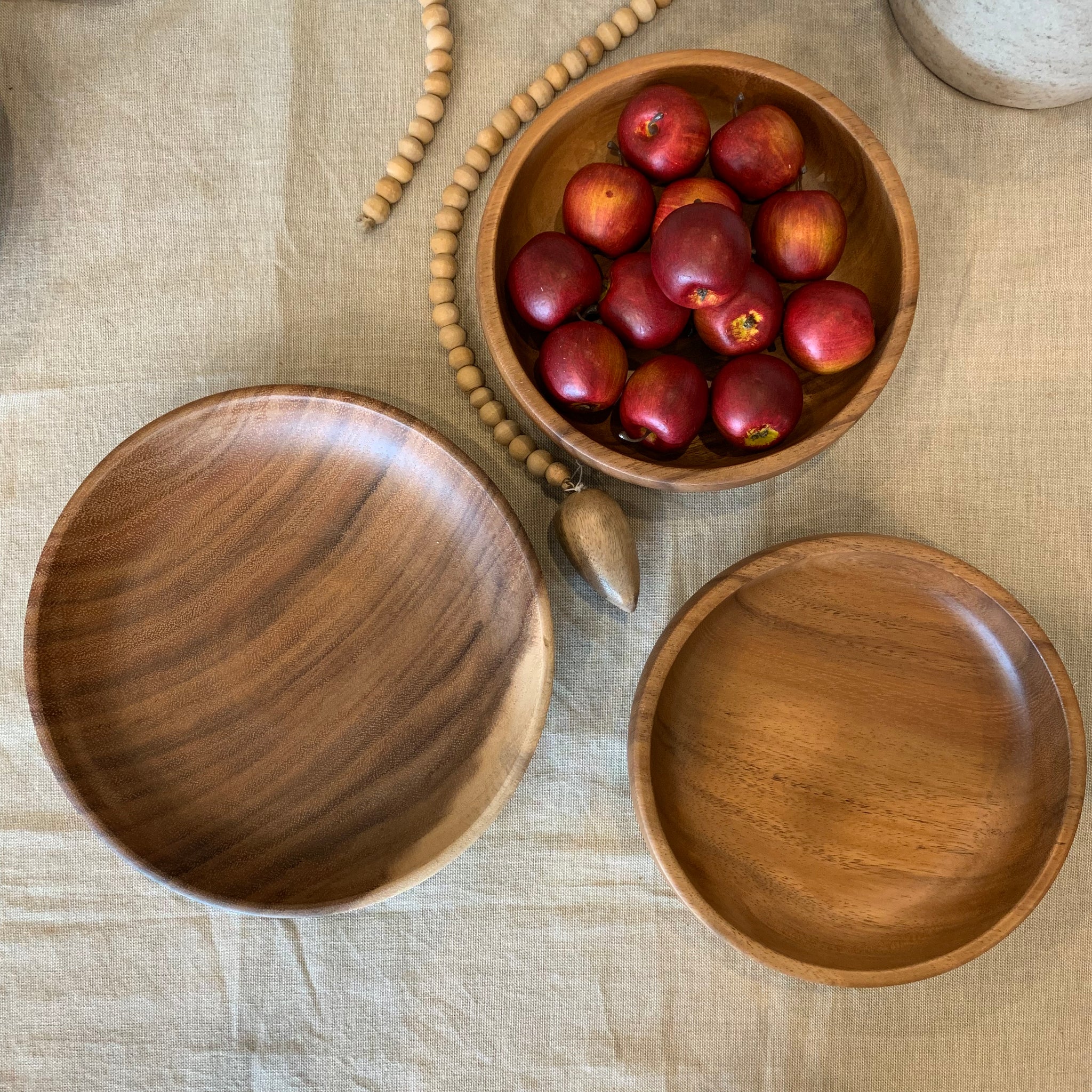 Carved Acacia Wood Shallow Bowls