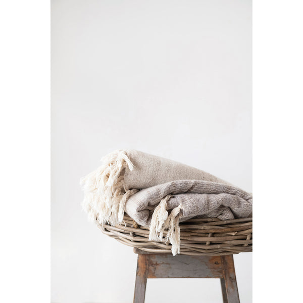 Beige and Tan Melange Wool and Cotton Slub Fringed Throw