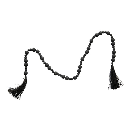 Black Wood Bead Garland wIth Raffia Tassel, 45”L