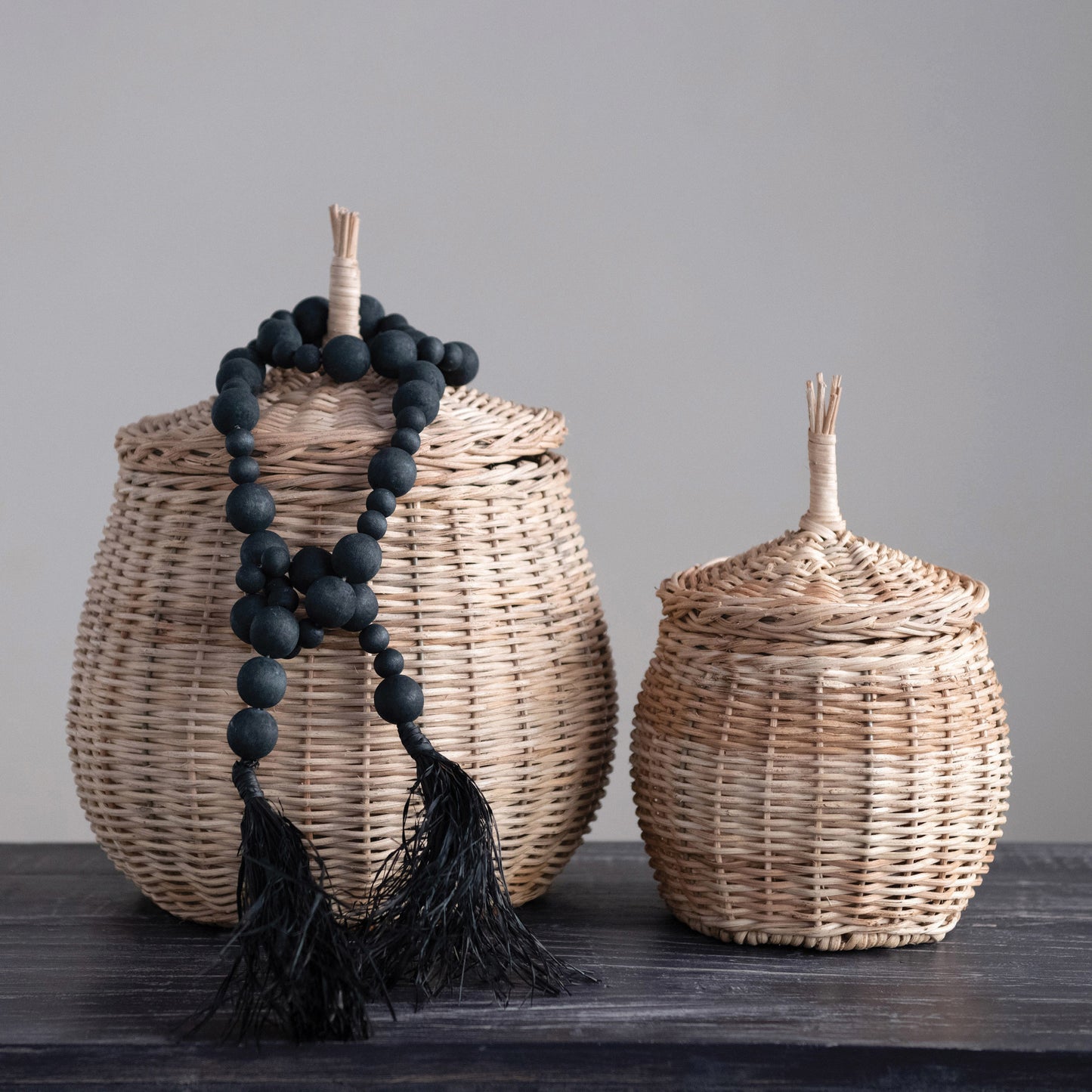 Black Wood Bead Garland wIth Raffia Tassel, 45”L