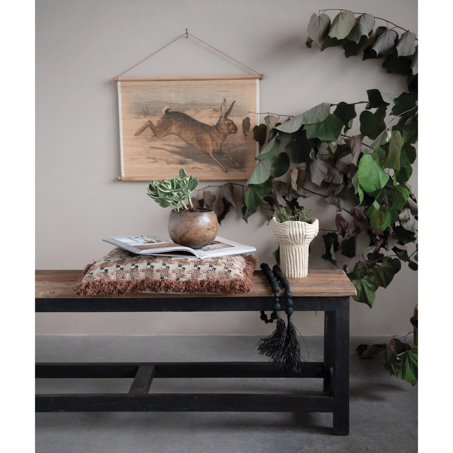Black Wood Bead Garland wIth Raffia Tassel, 45”L