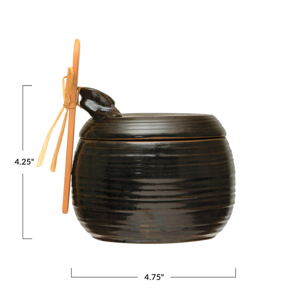 Stoneware Jar w/ Wood Spoon, Reactive Glaze, Black, Set