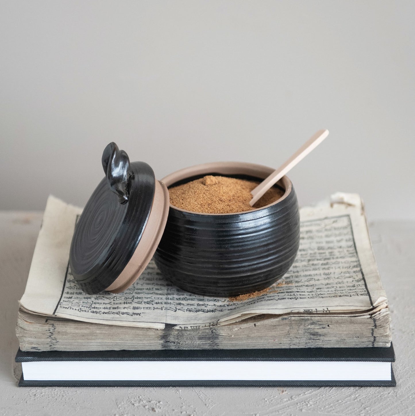 Stoneware Jar w/ Wood Spoon, Reactive Glaze, Black, Set