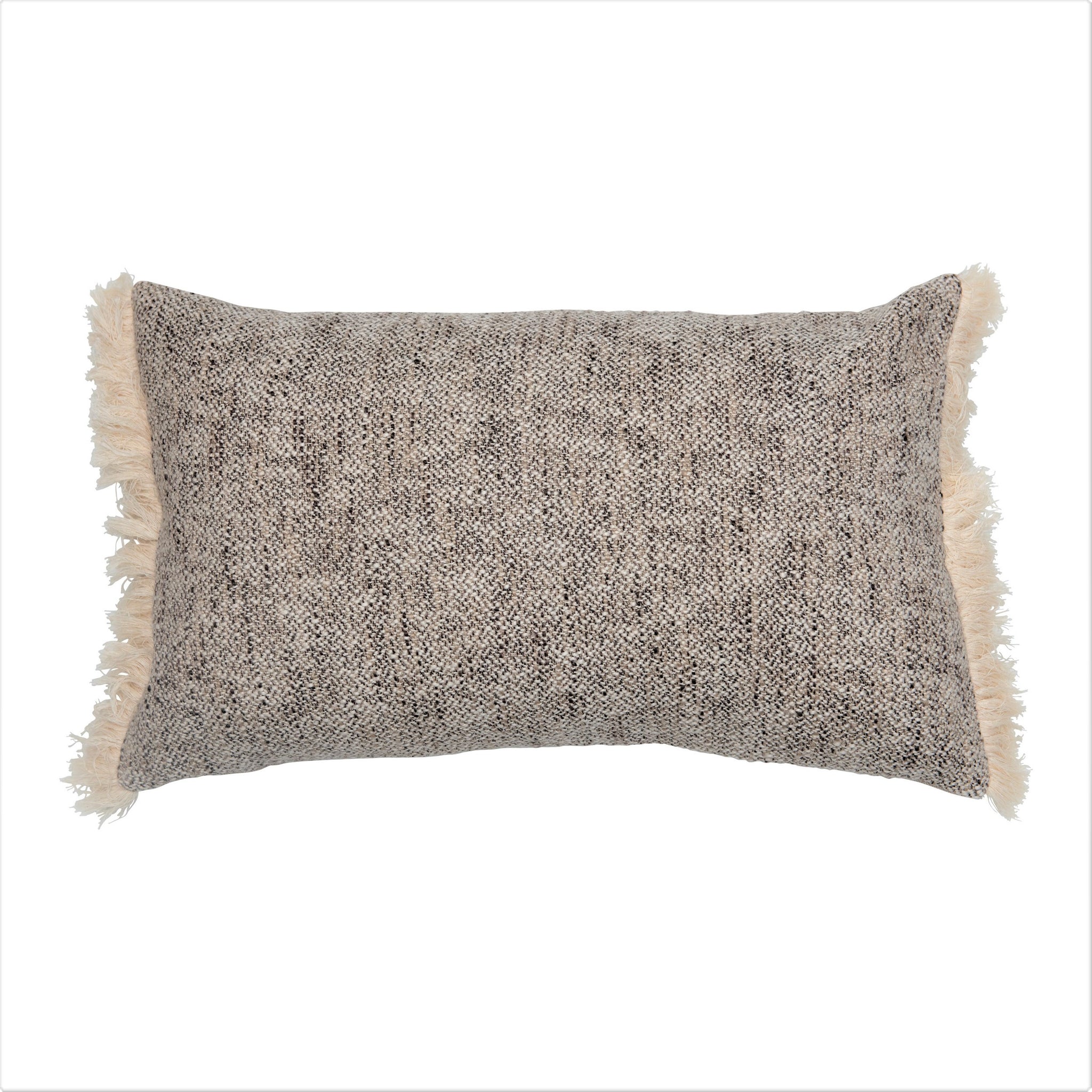 Black & Cream Woven Cotton Fringed Lumbar Pillow, 24"L x 14"H