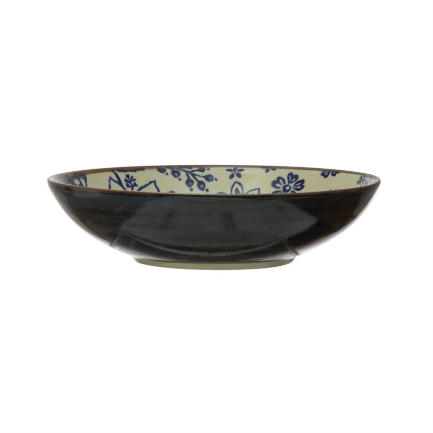 Cream Color with Blue Floral Pattern Stoneware Bowl, Blue Reactive Glaze. 11"