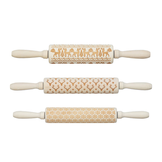 Carved Pattern Christmas Rolling Pin,  Reindeer, Deer or Snowflake
