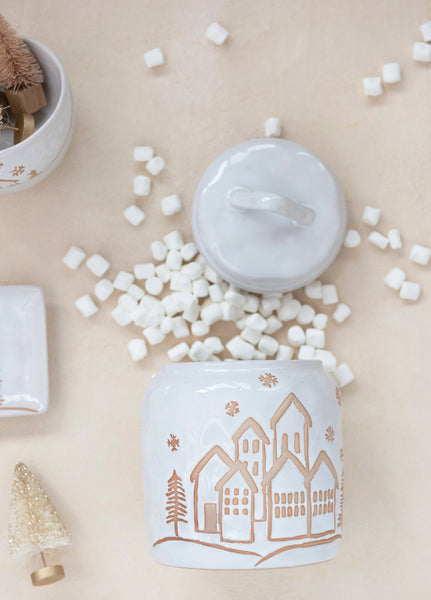 Wax Relief design white stoneware cookie jar features a sweet little village under falling snow.