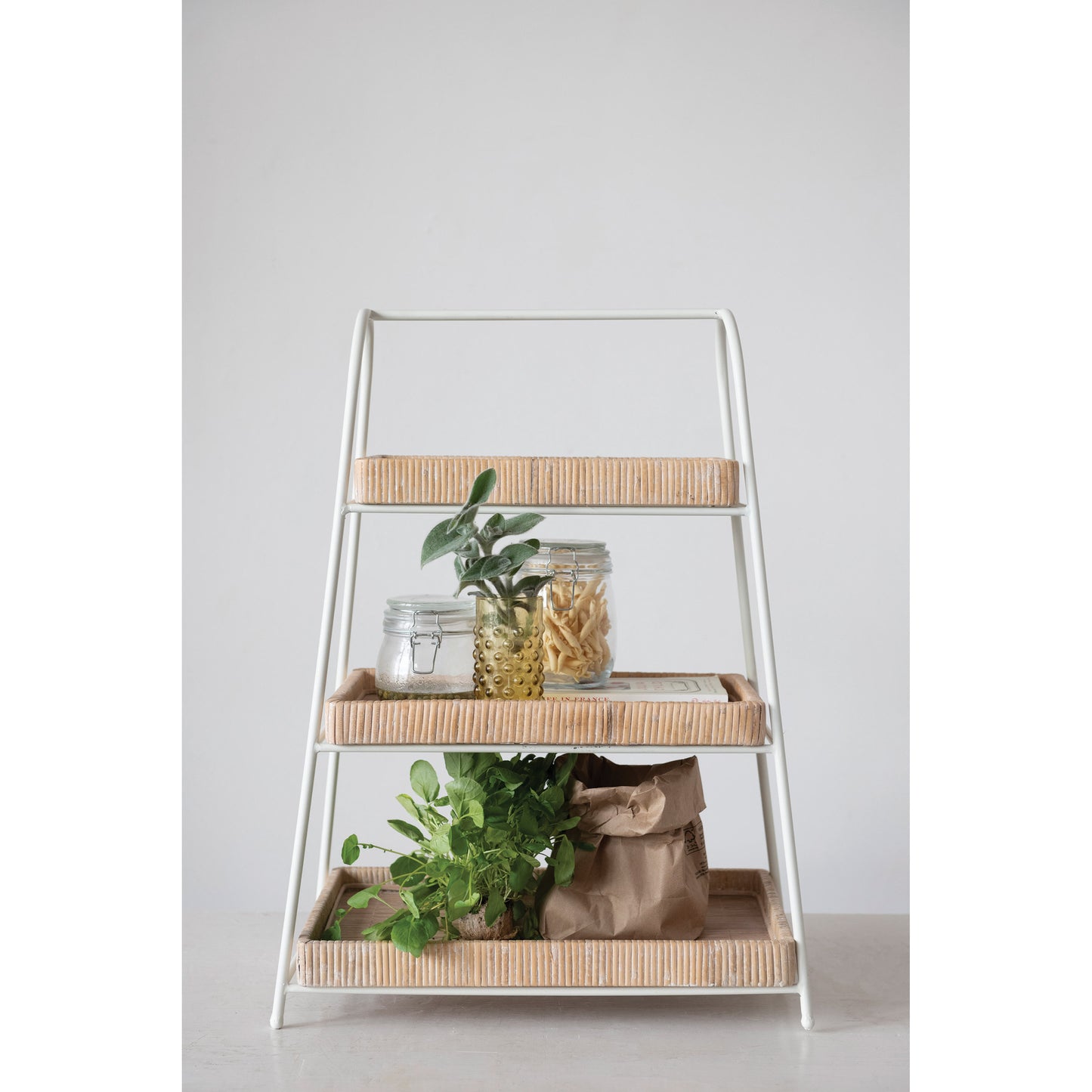 Decorative 3-Tier Tray White Metal Stand w/Wood & Bamboo Trays, 25 in. H