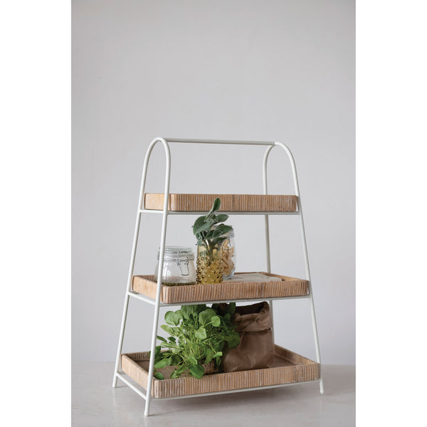 Enjoy the versatility of this 3 tiered tray, featuring a tall&nbsp;white metal stand which holds three sizes of rectangular trays&nbsp;with beautiful bamboo accents