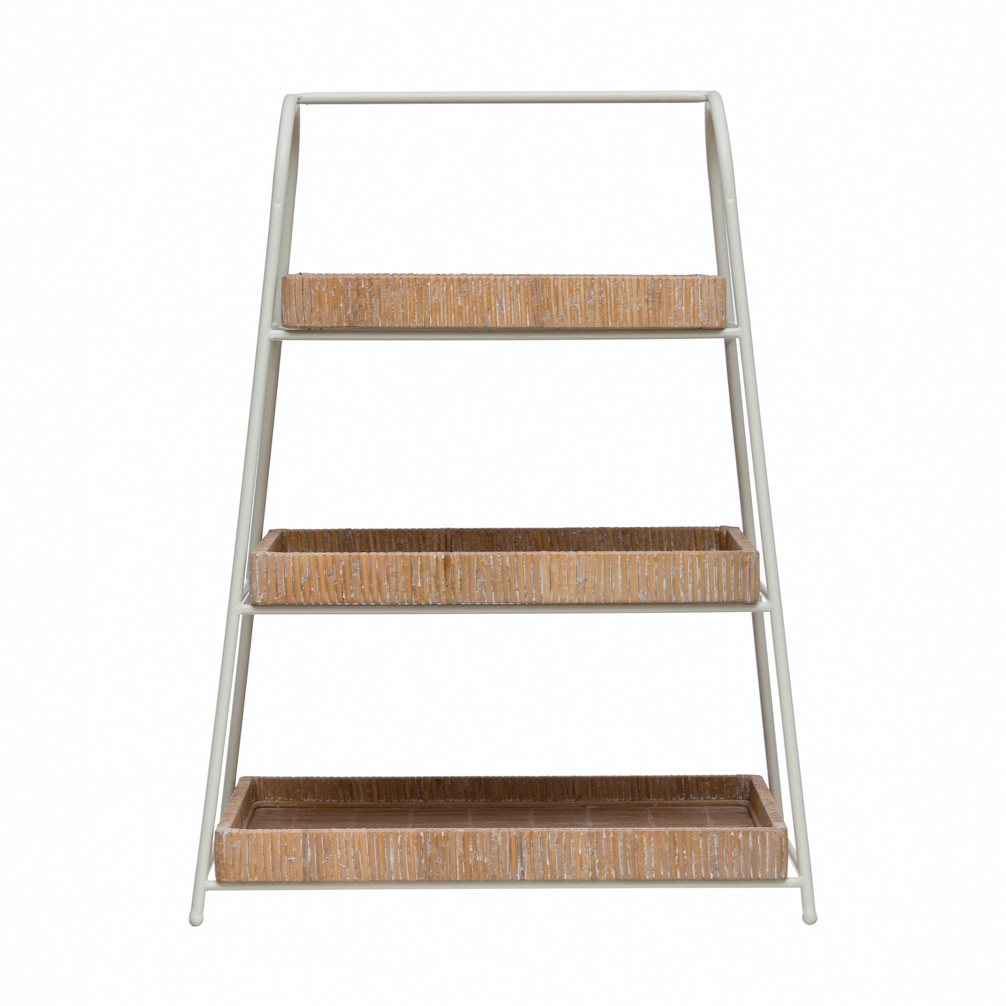 Decorative 3-Tier Tray White Metal Stand w/Wood & Bamboo Trays, 25 in. H