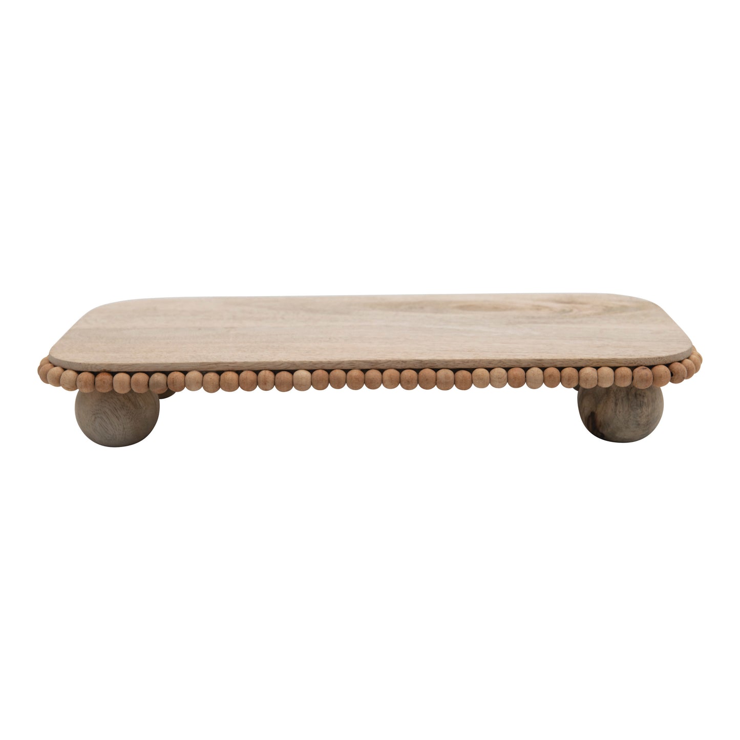 Mango Wood Pedestal Tray with Decorative Wood Bead Trim. 16 in. L