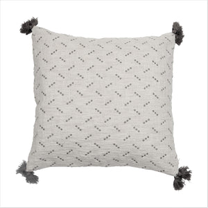 Embroidered Taupe Gray Dot Cotton Slub Pillow with Tassels, 20 in. Square