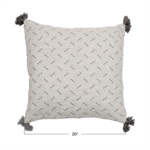 Embroidered Taupe Gray Dot Cotton Slub Pillow with Tassels, 20 in. Square
