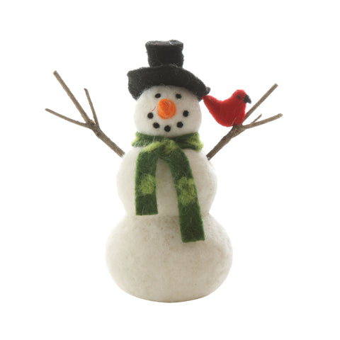 Felt snowman with twig arms and red cardinal bird 