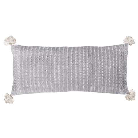 Cute gray rectangular pillow with cream tassels and patterned woven stripes and chevrons, perfect for your bench or layered on your sofa or bed!