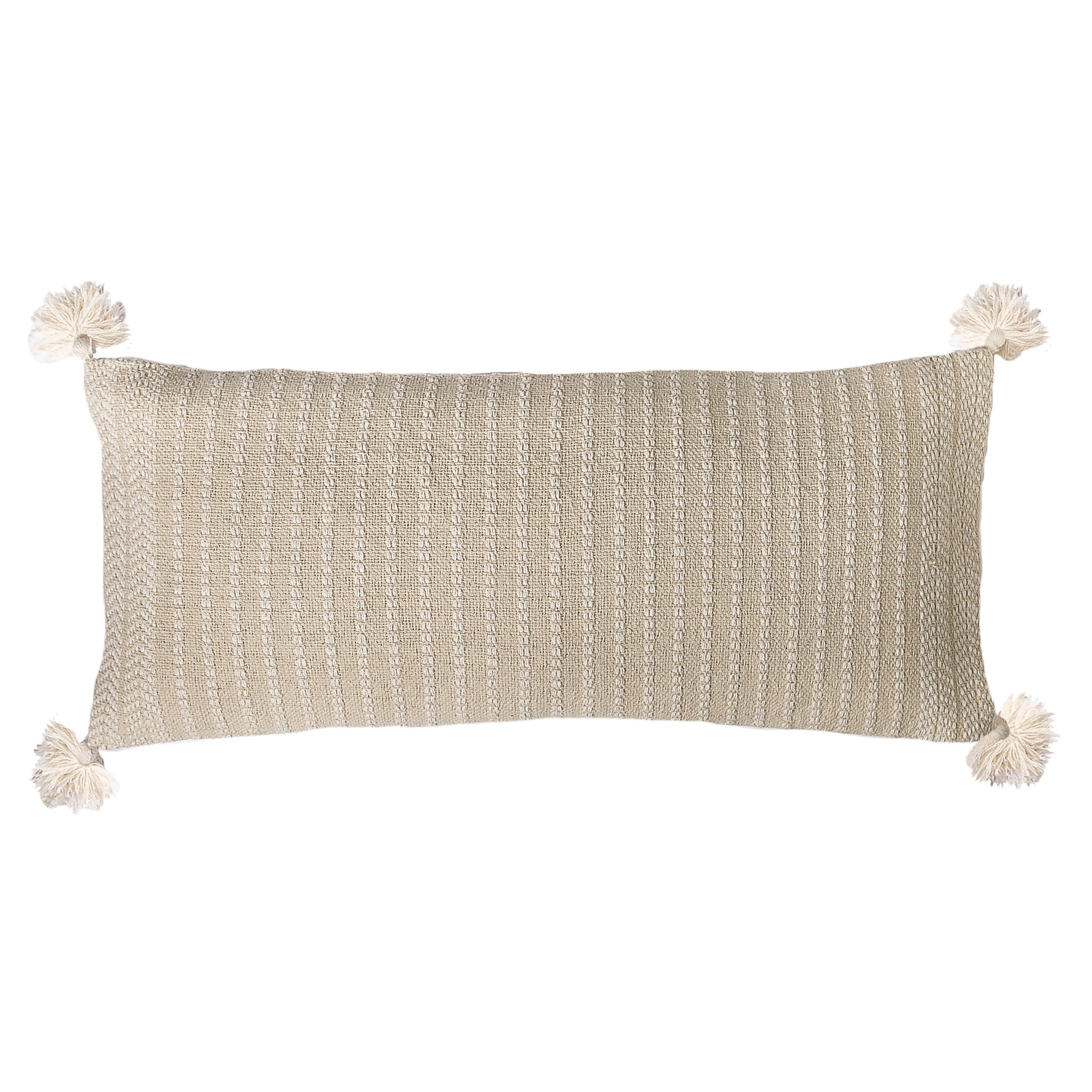 Beautiful soft oyster colored long rectangular throw pillow with cream stitching, in chevron and striped patterns, accented at each corner with cream cotton tassels.