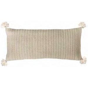 eautiful soft oyster colored long rectangular throw pillow with cream stitching, in chevron and striped patterns, accented at each corner with cream cotton tassels.