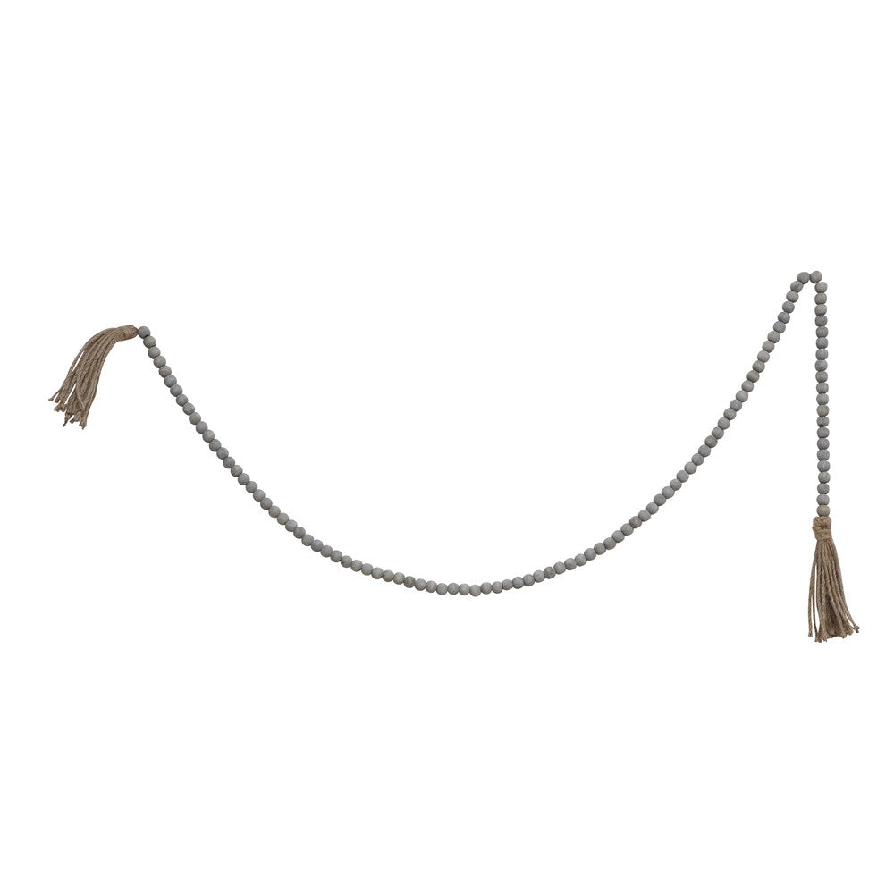 Gray Washed Wood Bead & Jute Tassel Garland, 72"L