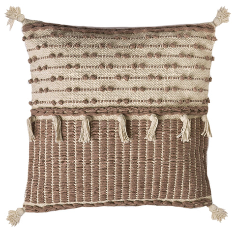 Handwoven tasseled cotton pillow in tan and fawn earth tone patterns, in boho farmhouse style.