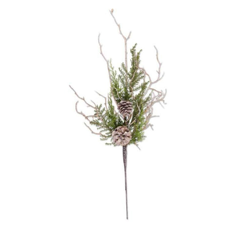 Naturalistic juniper berry stems, with twiggy branches and evergreen foliage accented with blue berries and pinecones in a soft washed finish.