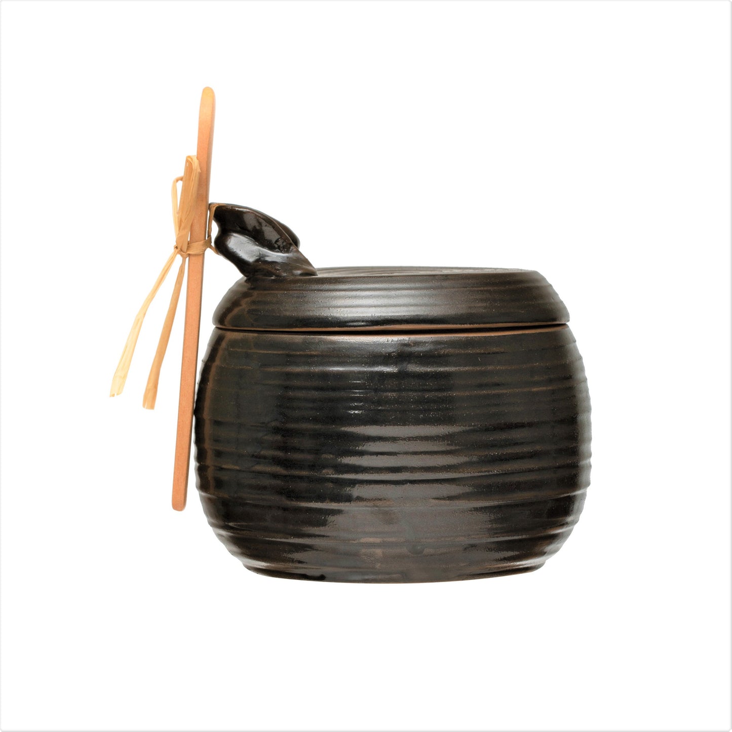 Stoneware Jar w/ Wood Spoon, Reactive Glaze, Black, Set