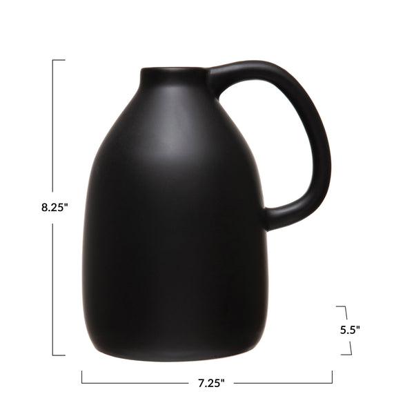 Matte Black Ceramic Jug Vase with Handle, 8-1/4"H