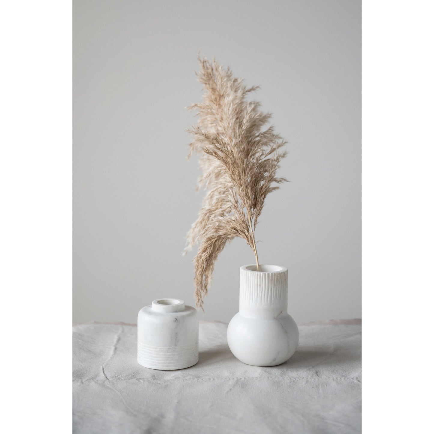 Short Modern Marble Vase with Carved Line Pattern, 3.5 in. H