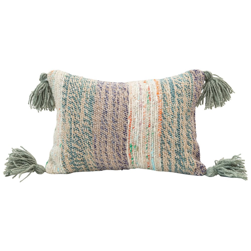 Multi Color Cotton Woven Lumbar Pillow w/ Tassels,