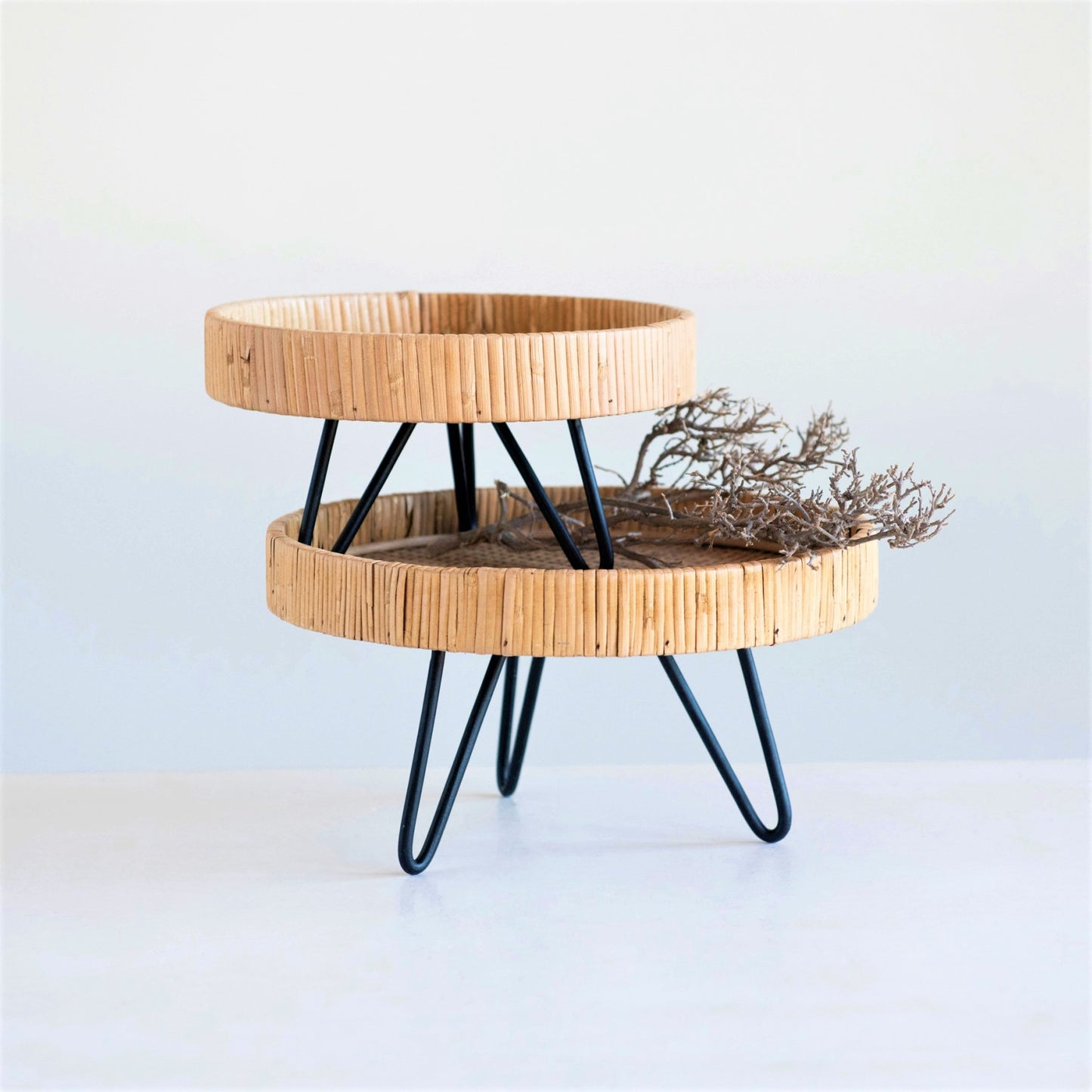 Large Rattan Pedestal Tray with Black Hairpin Legs, 11 3/4"W