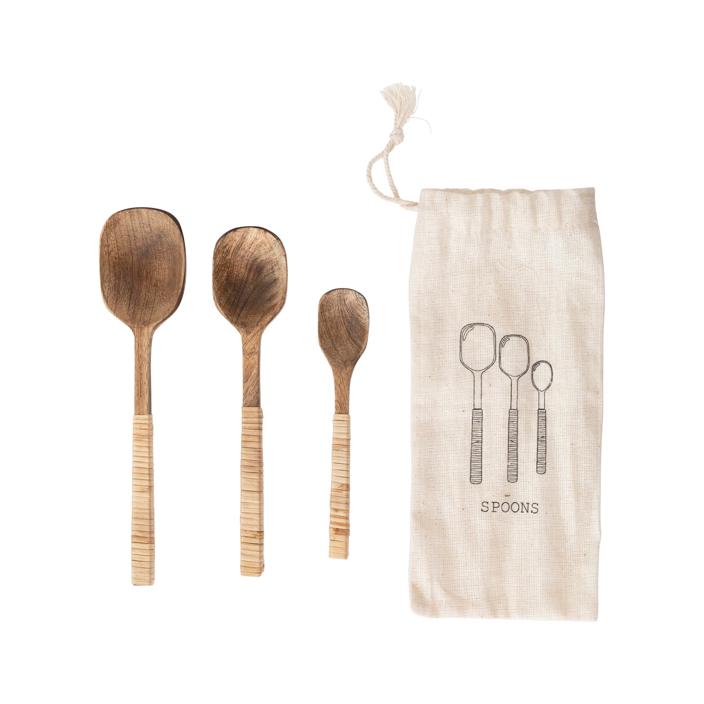 Setof3 Carved Mango Wooden Spoons with Bamboo Wrapped Handles