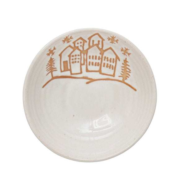 Small White Stoneware Bowl with Christmas Village Wax Relief Image