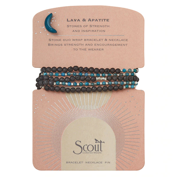 Stone Duo Wrap Bracelet/Necklace +Pin- Lava and Apatite