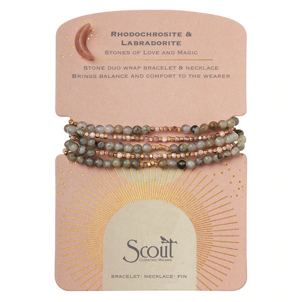 Stone Duo Wrap Convertible Bracelet Necklace plus Pin - Rhodochrosite & Labradorite with Gold