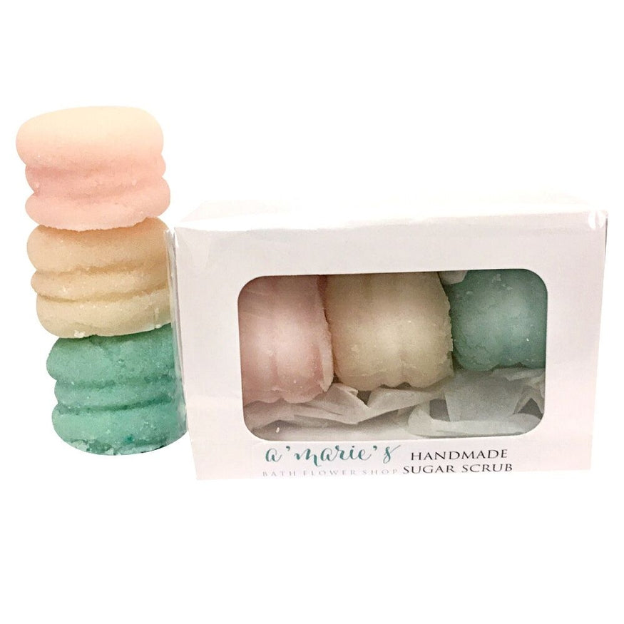 Sweet Delights Macaron Sugar Scrub Gift Box of 3  Colors - Pink. Cream And Mint Green