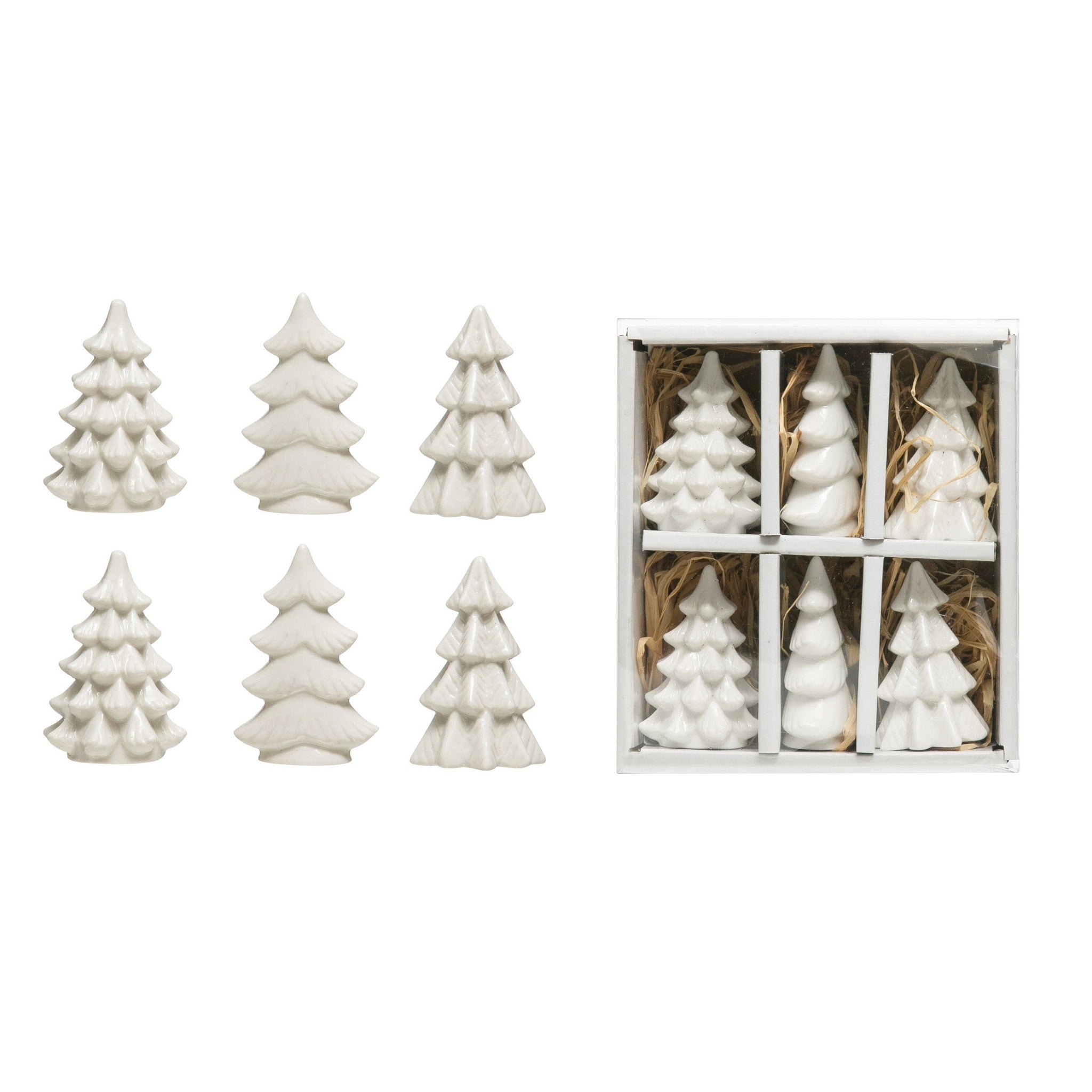 White Stoneware Mini Christmas Trees, Set of 6 in gift box with clear lid