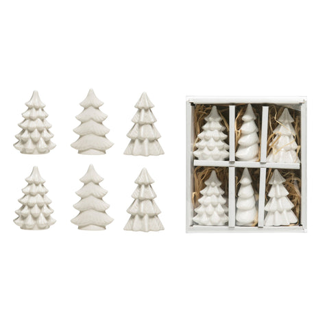 White Stoneware Mini Christmas Trees, Set of 6 in gift box with clear lid