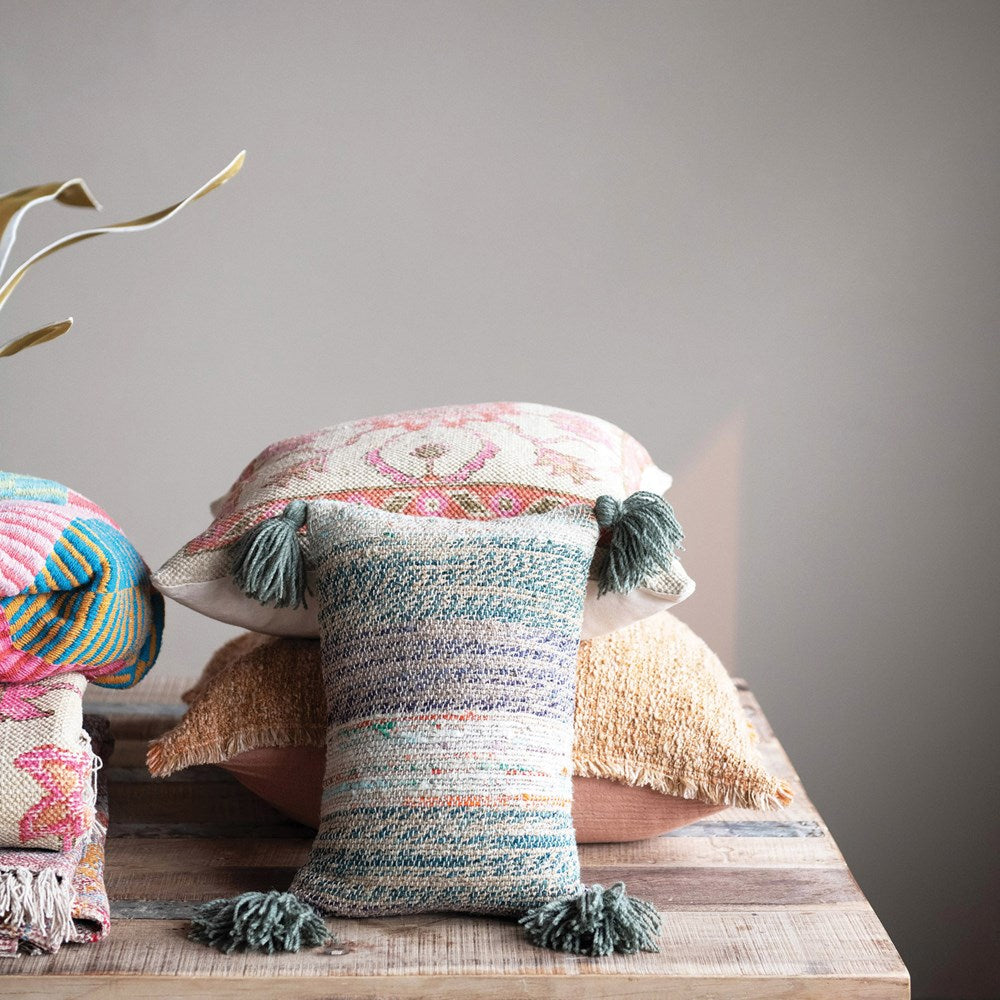 Multi Color Cotton Woven Lumbar Pillow w/ Tassels,