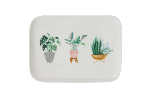 Rectangular Stoneware platter with modern houseplant motif 