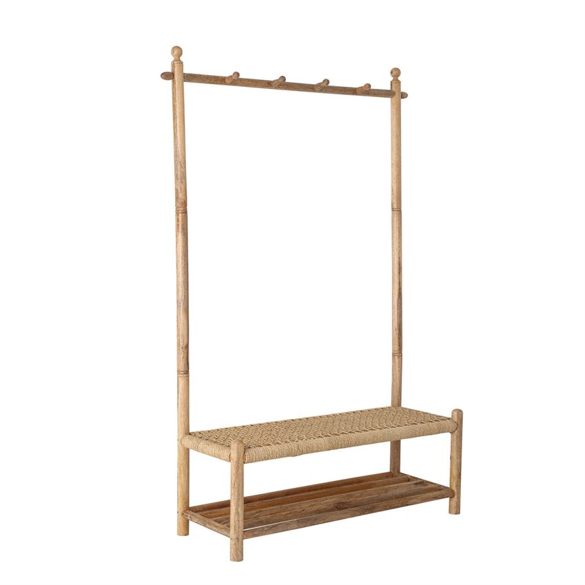 Wood & Woven Jute Rope Bench Hall Tree with 4 Hooks & 1 Shelf