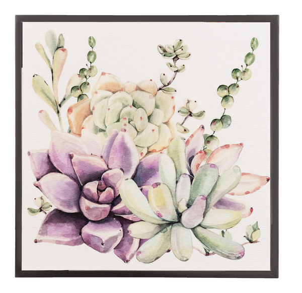 Watercolor mixed succulent wall decor in pastel colors.