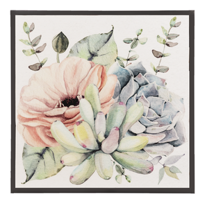 Pastel watercolor bloom with succulents and eucalyptus.