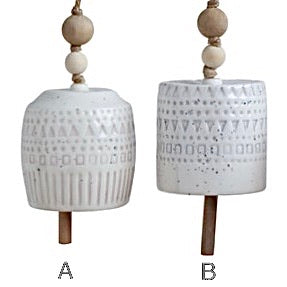 3-1/2" Round x 4-1/4"H Stoneware Bell, White w/ Wood Bead, 2 Styles