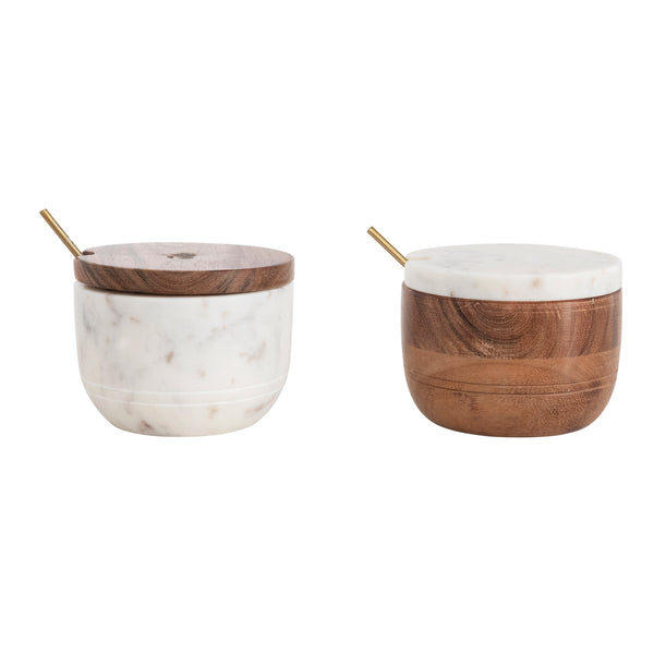 Marble & Wood Bowl w/ Lid & Brass Spoon Set